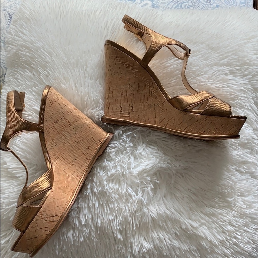 NWOT, bronze wedge sandals, size 8, 4.5” hi